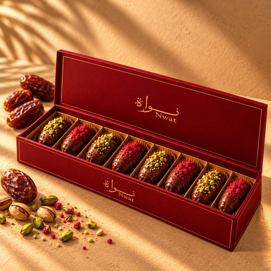 Nwat red gift box with chocolate-covered stuffed dates