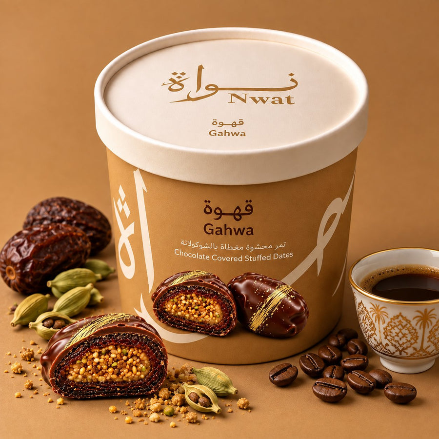 Nwat Gahwa tub with chocolate-covered stuffed dates