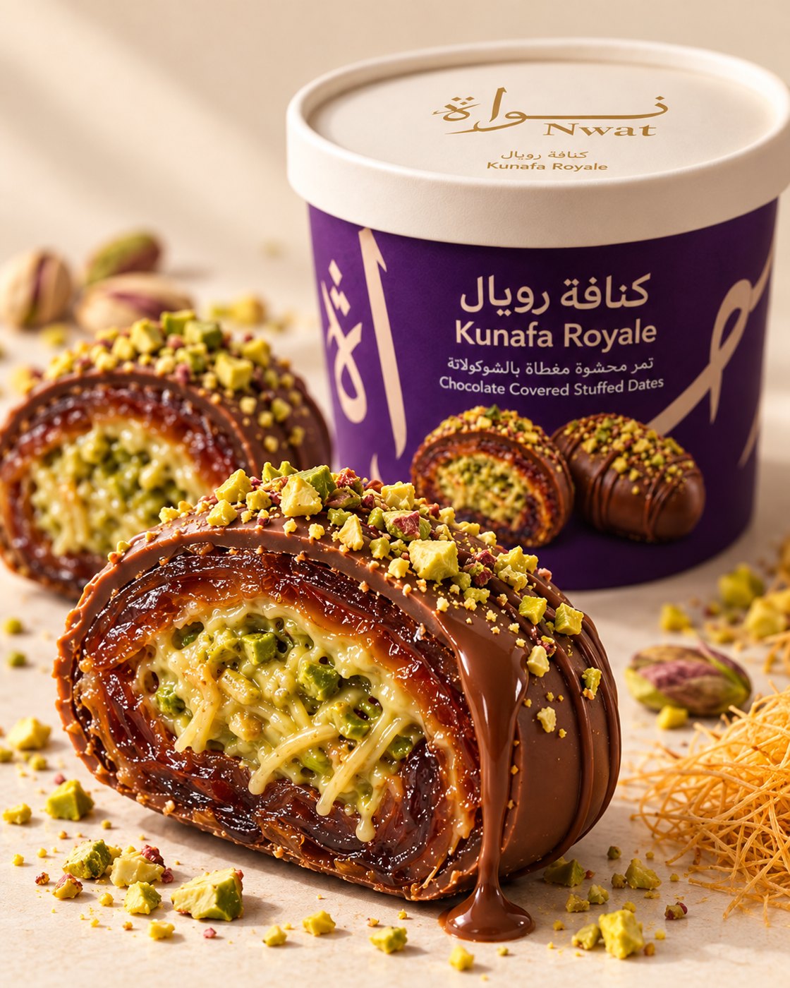Halved Kunafa Royale date showing the filling