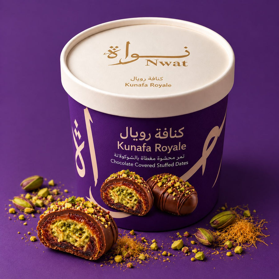 Nwat Kunafa Royale tub with chocolate-covered stuffed dates