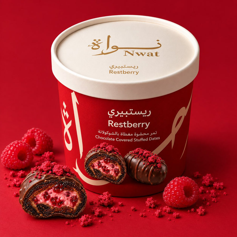 Nwat Restberry tub with chocolate-covered stuffed dates