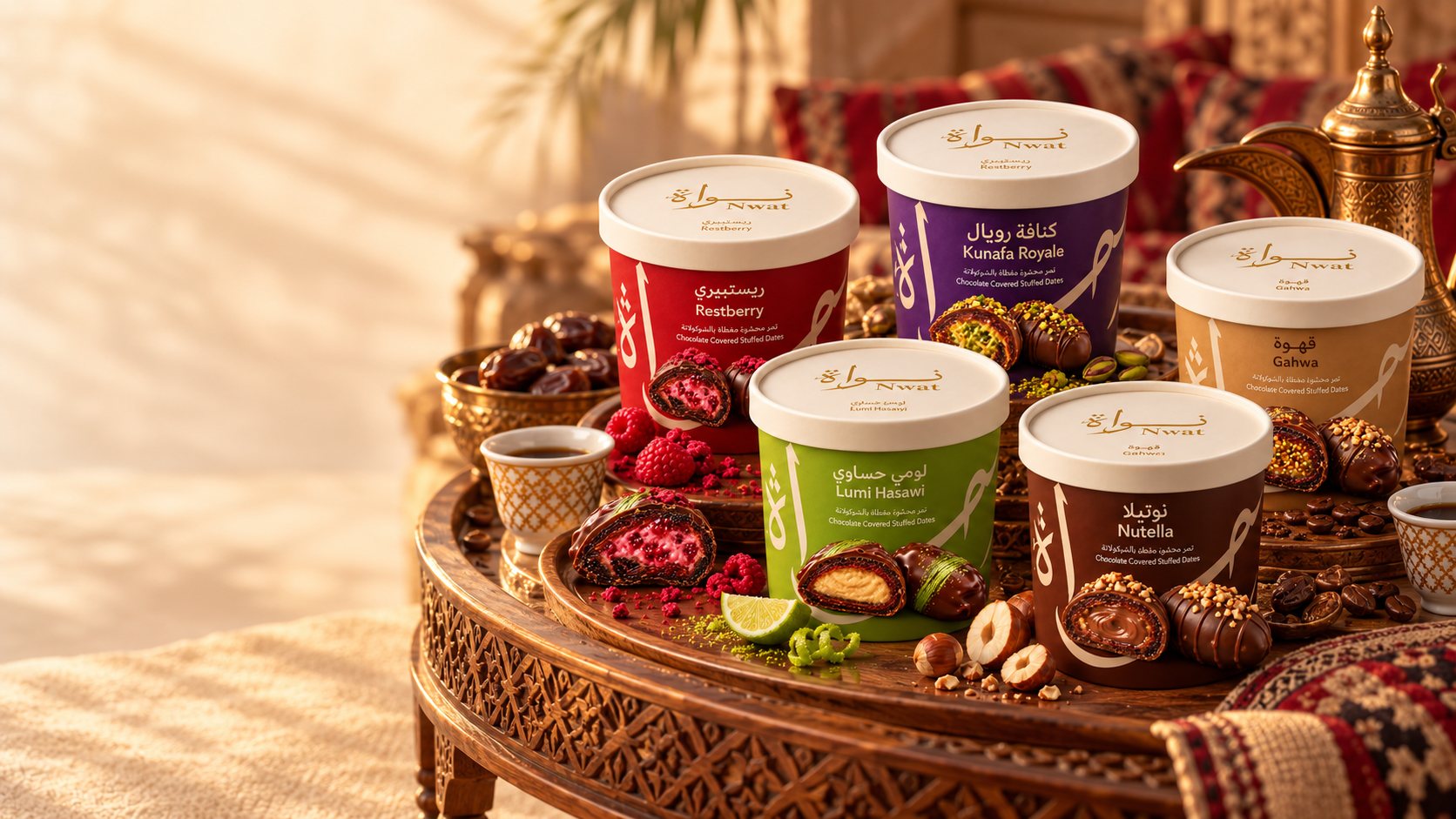 All five Nwat flavour tubs with chocolate-covered stuffed dates