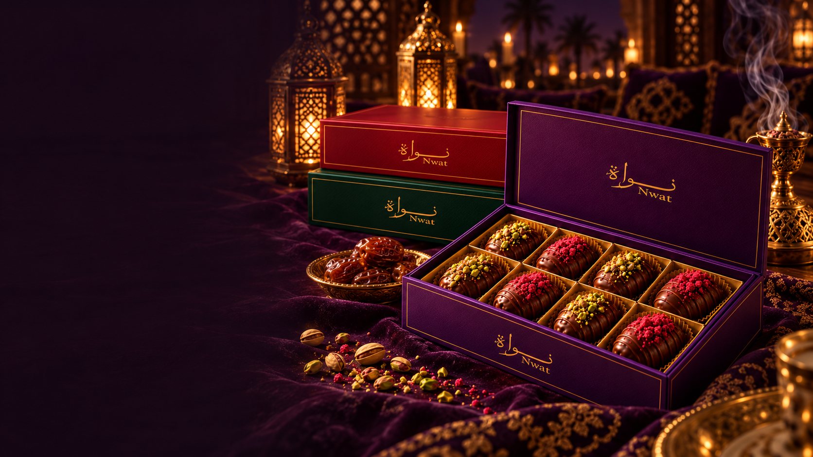 Open purple Nwat gift box with chocolate-covered stuffed dates in a candlelit majlis