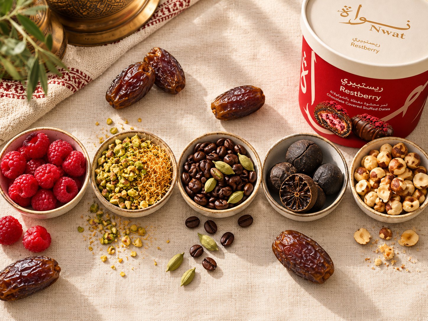 Raspberries, pistachio kunafa, coffee beans, black limes and hazelnuts in small bowls